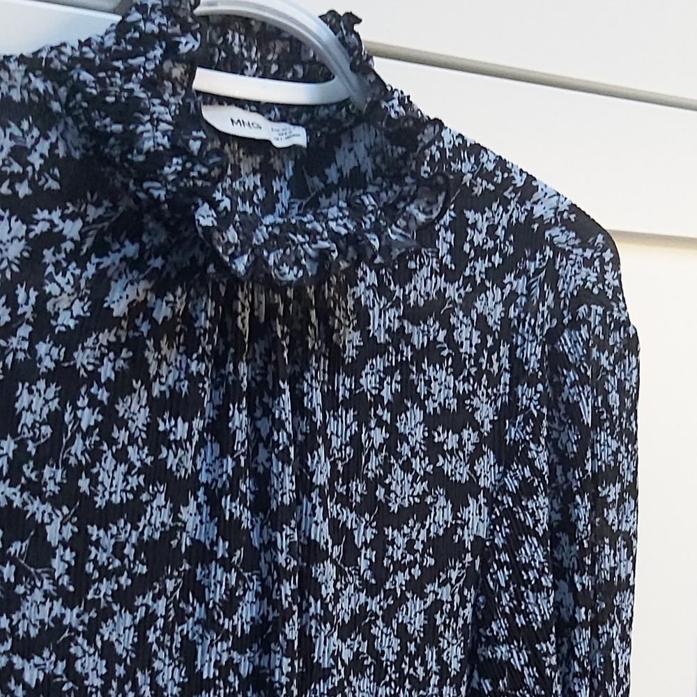 Mango Black and Light Blue Floral Ruffled Neck Blouse
